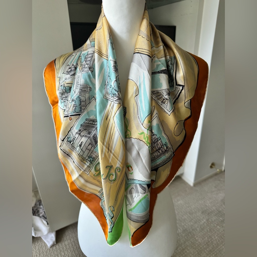 Vintage Paris “Mon Village” Silk Scarf — Made in France